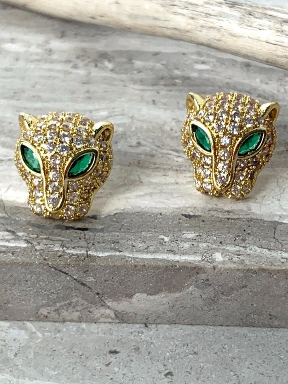 NEW Anthropologie Pave Crystal Emerald Eye Jaguar Stud Earrings